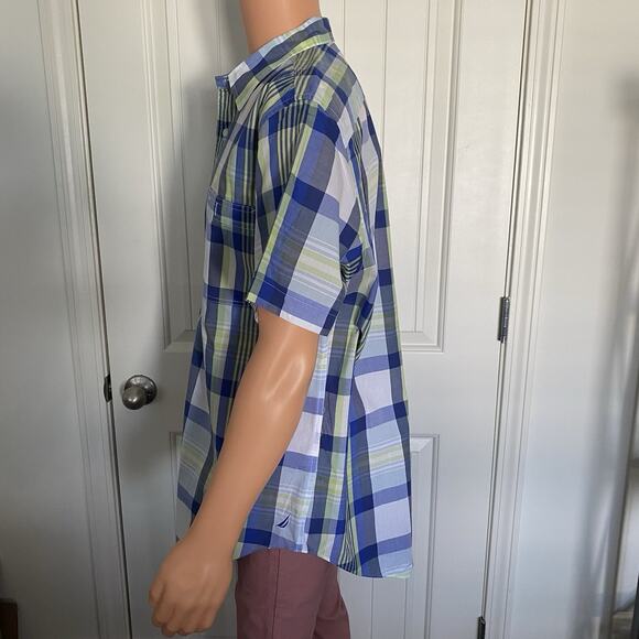 Nautica Plaid Shirt Men's LARGE Blue Green Short Sleeve Cotton - Picture 9 of 9